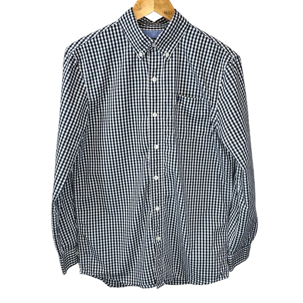 Chaps Mens Small Navy Blue White Gingham‎ Stretch Easy Care Button Down Shirt